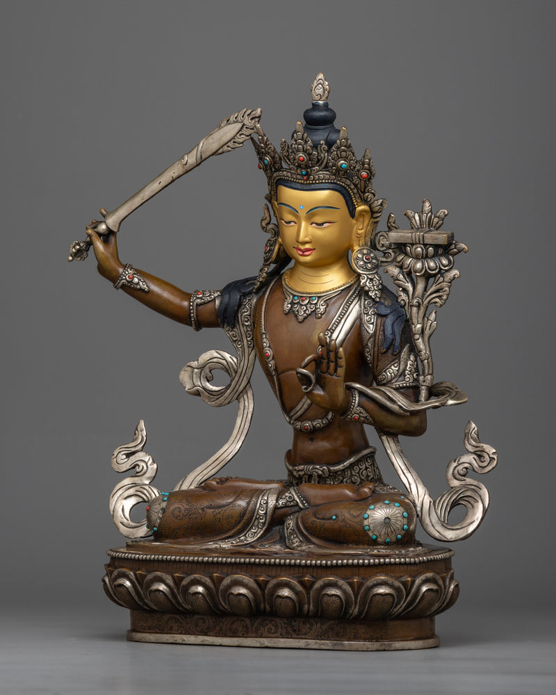 Manjushree Oxidized Statue | 24K Gold Painted Sculpture