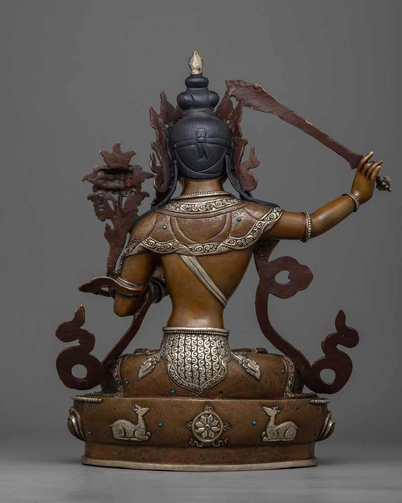 Manjushree Oxidized Statue | 24K Gold Painted Sculpture