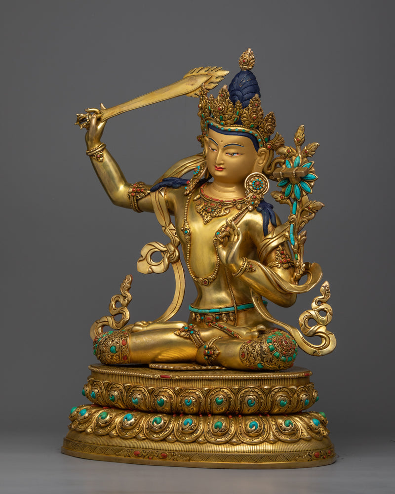 Manjushri Bodhisattva Gold Statue | Traditional Himalayan Art of Wisdom Deity