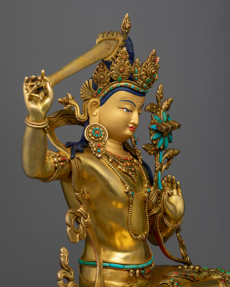 Manjushri Bodhisattva Gold Statue | Traditional Himalayan Art of Wisdom Deity