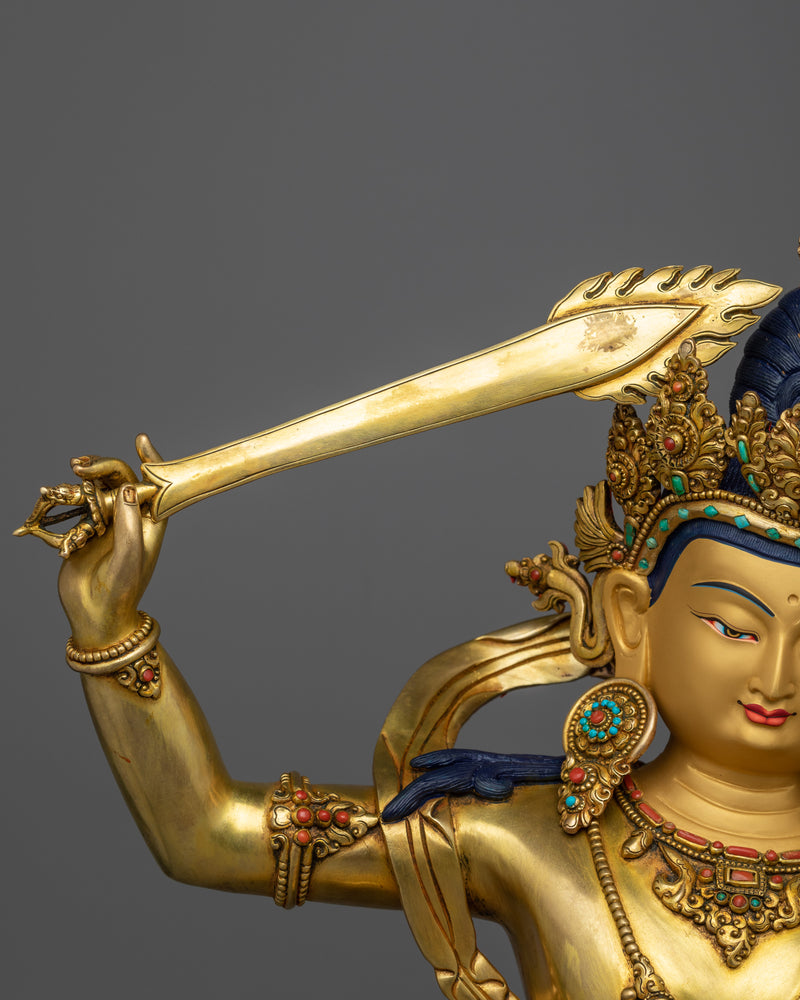 Manjushri Bodhisattva Gold Statue | Traditional Himalayan Art of Wisdom Deity