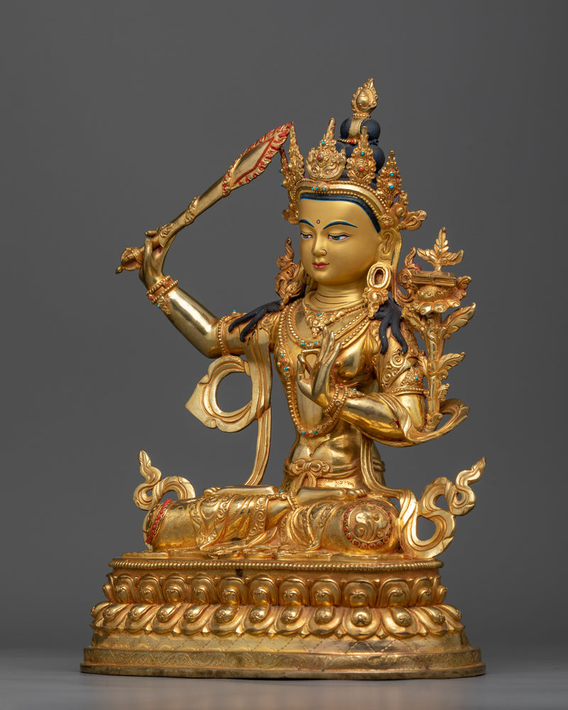 Manjushri Golden Statue | Handmade Figure of Wisdom Deity of Bodhisattva