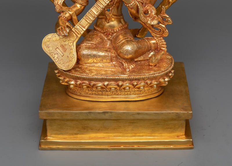 Divine Saraswati Copper Statue | 24K Gold Gilded Elegance