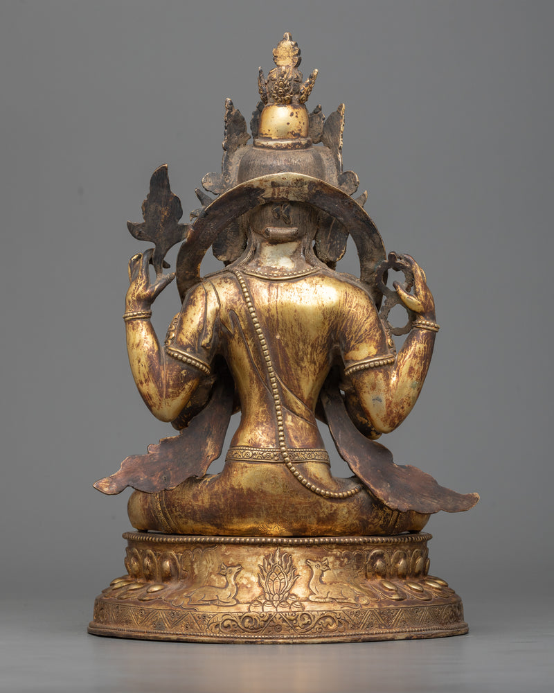 Antique Chenrezig Bodhisattva Statue | 24K Gold Gilded Compassion Deity