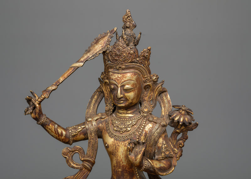 Antique-Finished Peaceful Manjushri Statue | 24K Gold Gilded Wisdom