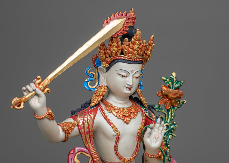 Tibetan Manjushri Statue | 24K Gold Gilded Touch with White Finish