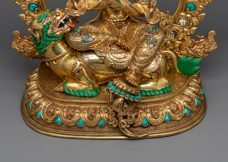 Manjushri on Lion Sculpture | Vadisimha in 24K Gold and Gemstones