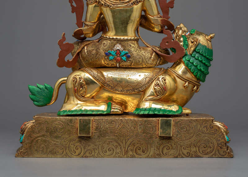 Manjushri on Lion Sculpture | Vadisimha in 24K Gold and Gemstones