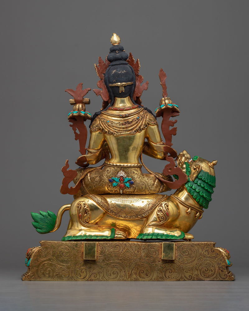 Manjushri on Lion Sculpture | Vadisimha in 24K Gold and Gemstones