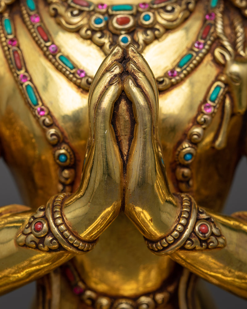 Bodhisattva Chenrezig Sculpture in Triple-Layered 24K Gold | A Masterpiece of Compassion and Grace