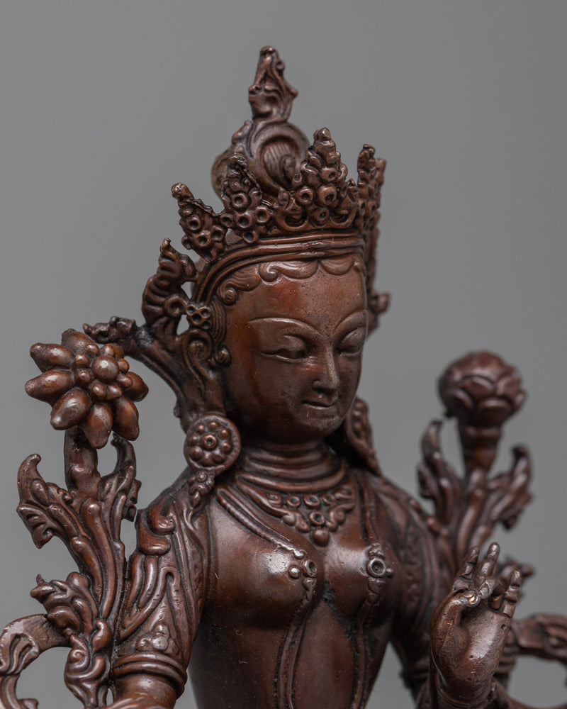 Machine-Made Green Tara Statue | A Compact Oxidized Copper Icon of Active Compassion