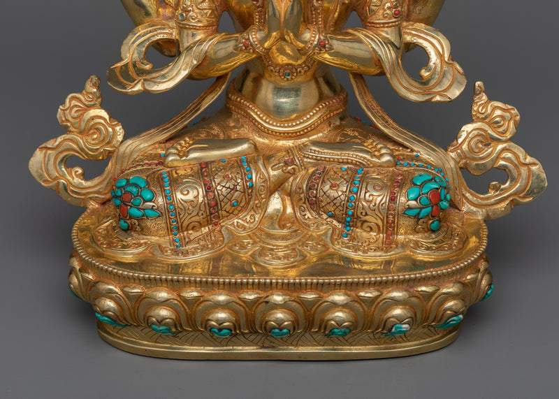 Divine 4-Arm Chenrezig Gold Gilded Statue | Embodiment of Compassion