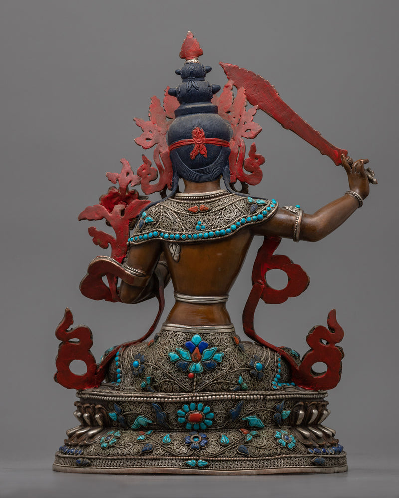 Manjushri Sculpture Adorned with Gemstones | Himalayan Buddhist Artworks