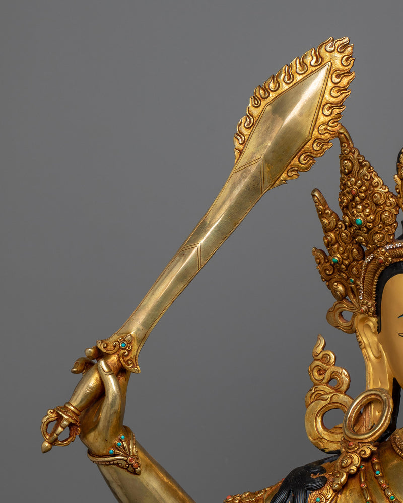 Serene Manjushri Sculpture in 24K Gold | Majesty of Wisdom