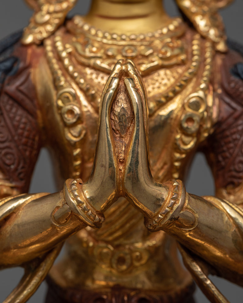 4-Armed Bodhisattva Chenrezig Statue | Gold Gilded Copper Art from Nepal