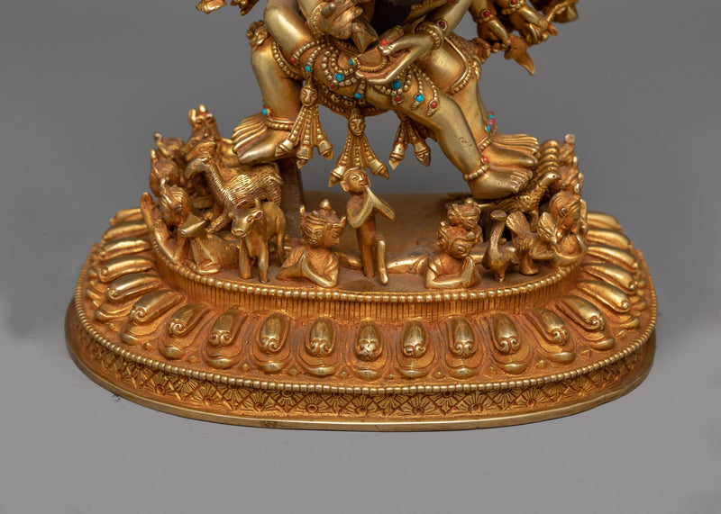 Intricate Yamantaka with Consort Figurine | Gold Gilded Copper Art from Nepal