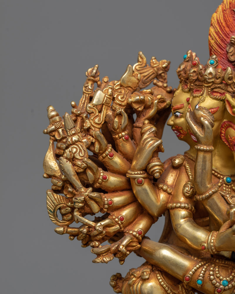 Intricate Yamantaka with Consort Figurine | Gold Gilded Copper Art from Nepal