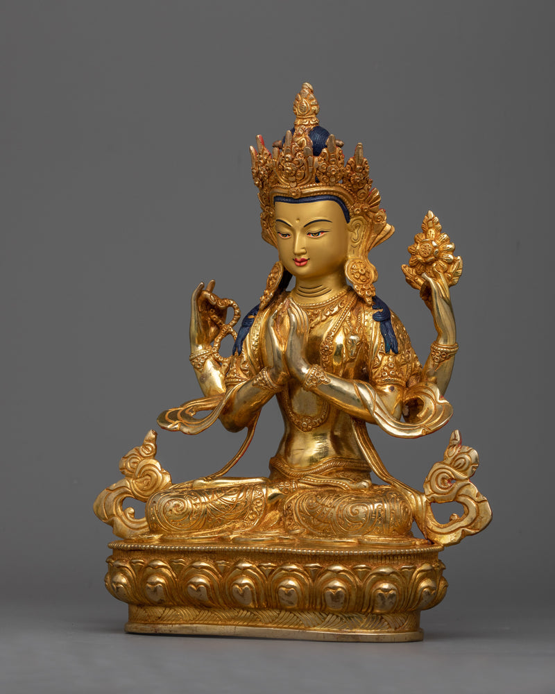 Four Arm Chenrezig Gold Statue | Bodhisattva, embodying the compassion of all Buddhas