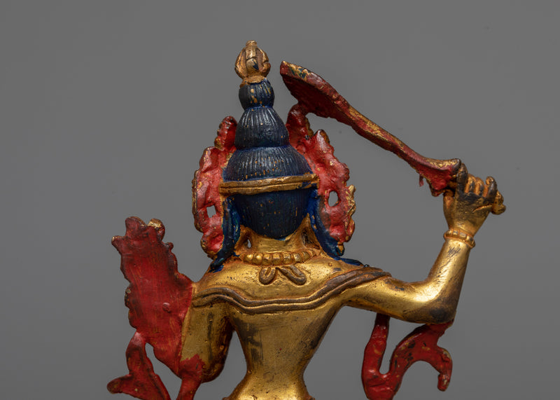 Machine-Made Manjushri Sculpture | Antique Finished Gold-Copper