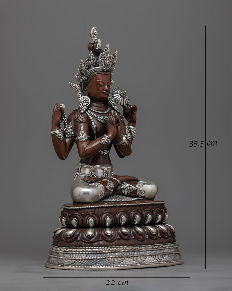 Silver-Plated Chenrezig Oxidized Statue | Emblem of Compassion and Grace