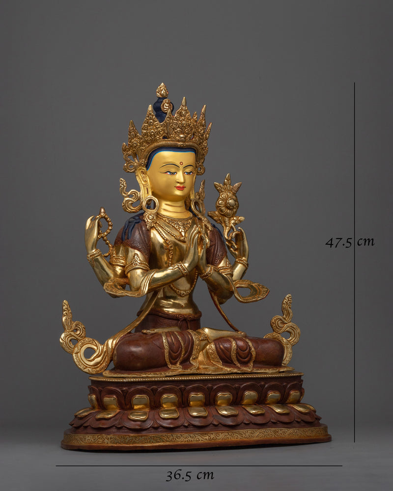 Gold Gilded Chenresig Figure | Icon of Compassion and Serenity