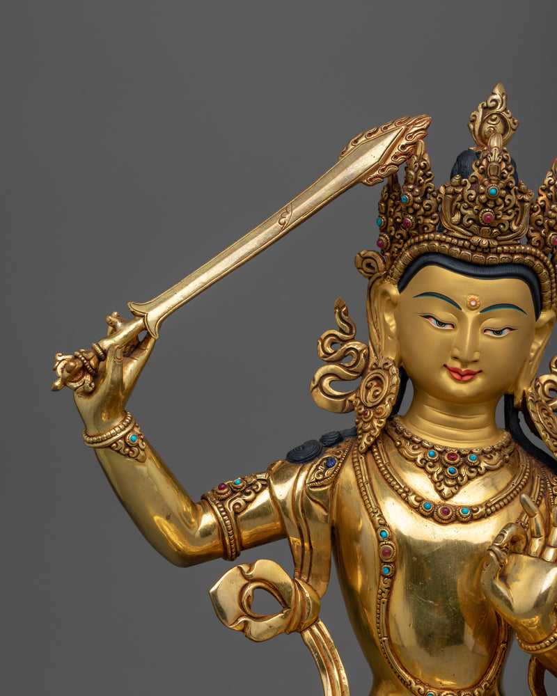 Elegant Gold Gilded Manjushri 36cm Statue | Handcrafted Symbol of Wisdom