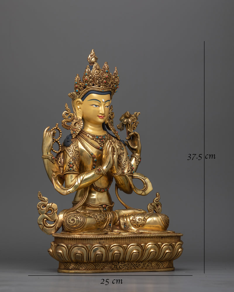 Elegant Chenrezig Gold Gilded Copper Statue | Handcrafted Symbol of Compassion