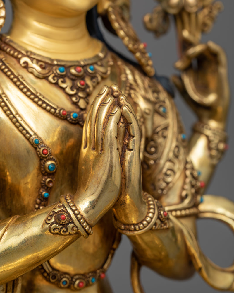 Elegant Chenrezig Gold Gilded Copper Statue | Handcrafted Symbol of Compassion