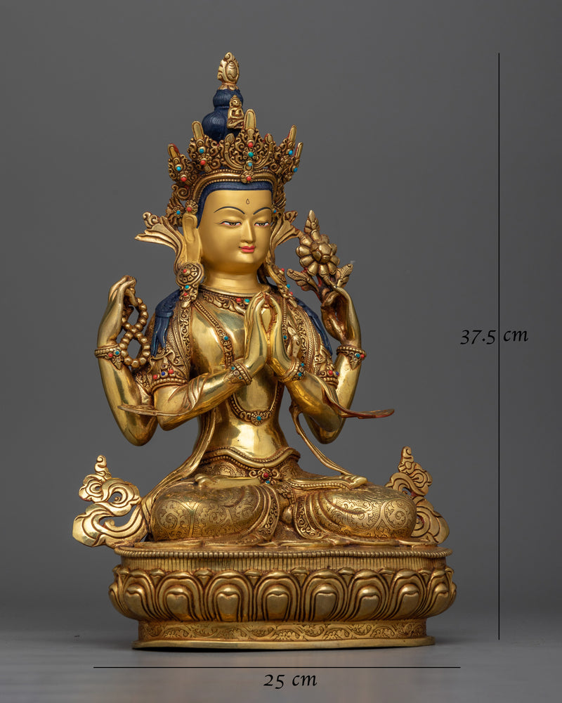 24K Gold Gilded Chenrezig Statue | Embodiment of Compassion and Serenity