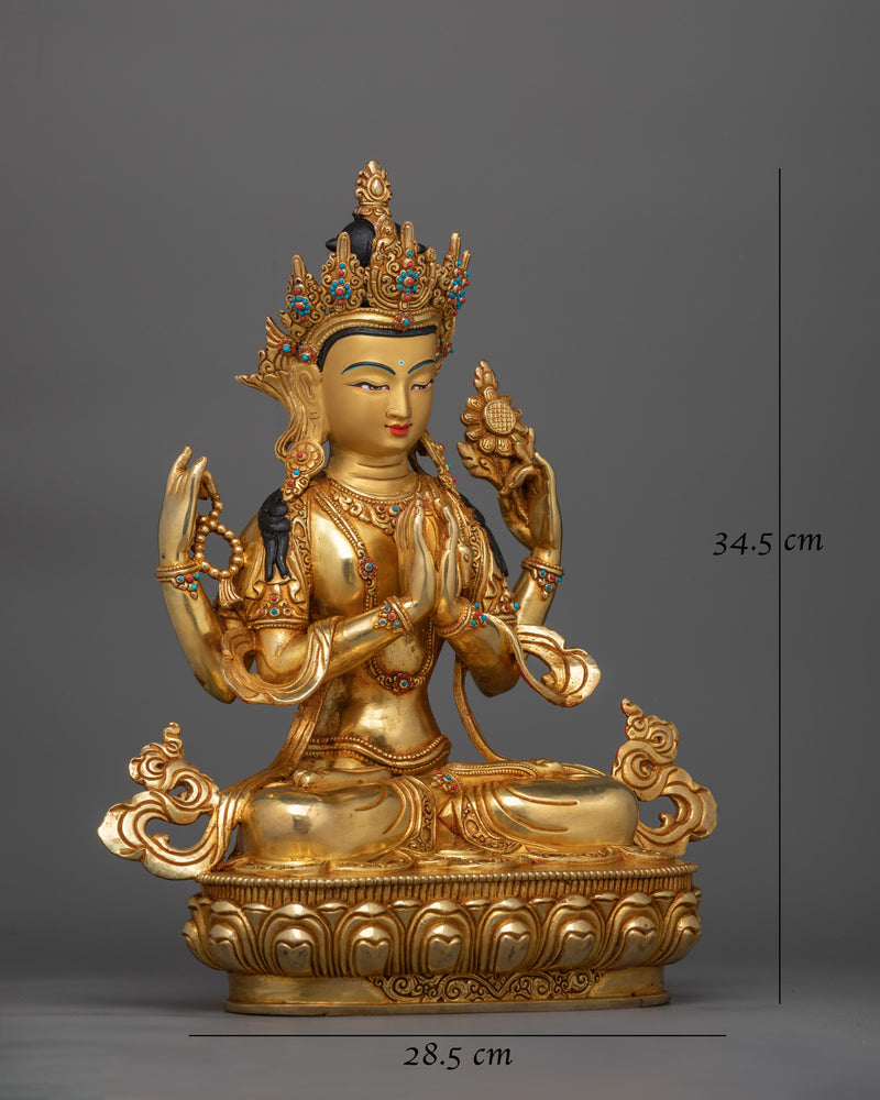 Chenrezig Serene Gold-Gilded Statue | Embodiment of Compassionate Wisdom