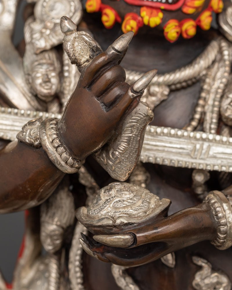 Shakya Mahakala Silver Plated Oxidized Copper Statue | Guardian of the Dharma