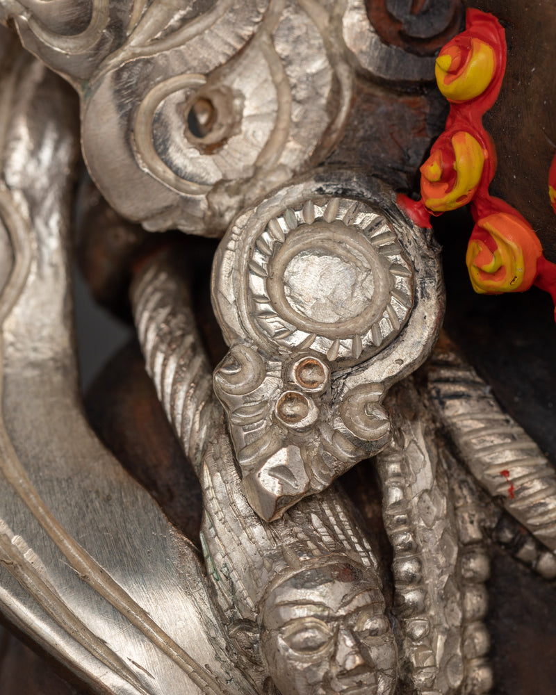 Shakya Mahakala Silver Plated Oxidized Copper Statue | Guardian of the Dharma