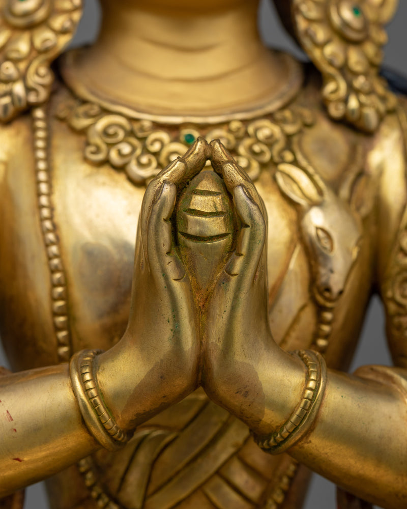 Sacred Chenrezig Buddha Statue | 24K Gold Gilded with Gemstone