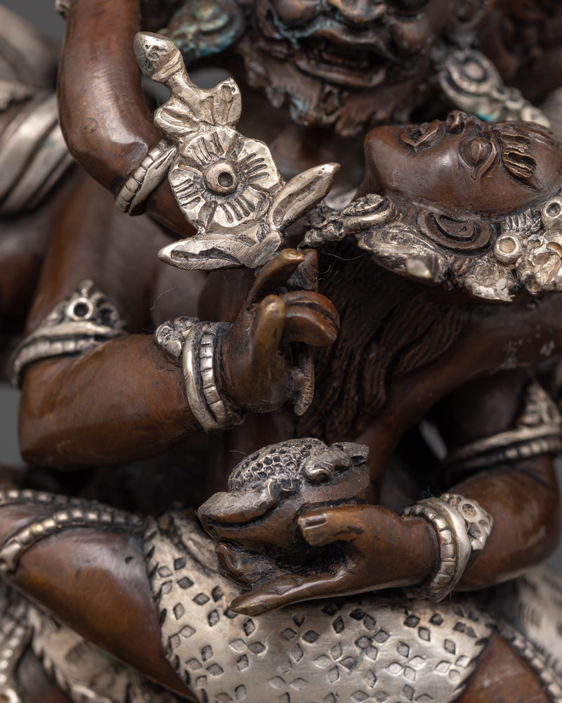 Sacred Hayagriva with Consort | Oxidized Copper and Silver-Plated Statue