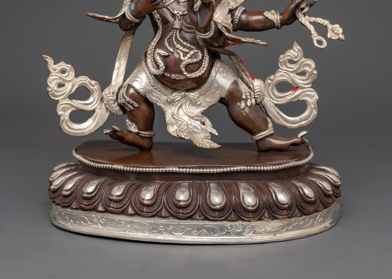 Sacred Four-Armed Mahakala Statue | Oxidized Copper Body with Acrylic Paintings