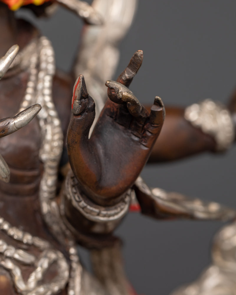 Sacred Four-Armed Mahakala Statue | Oxidized Copper Body with Acrylic Paintings