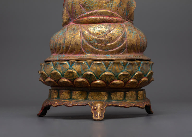 Asian-Made Sacred Buddhist Master Statue | Antique Finished Gold Gilded Copper Art