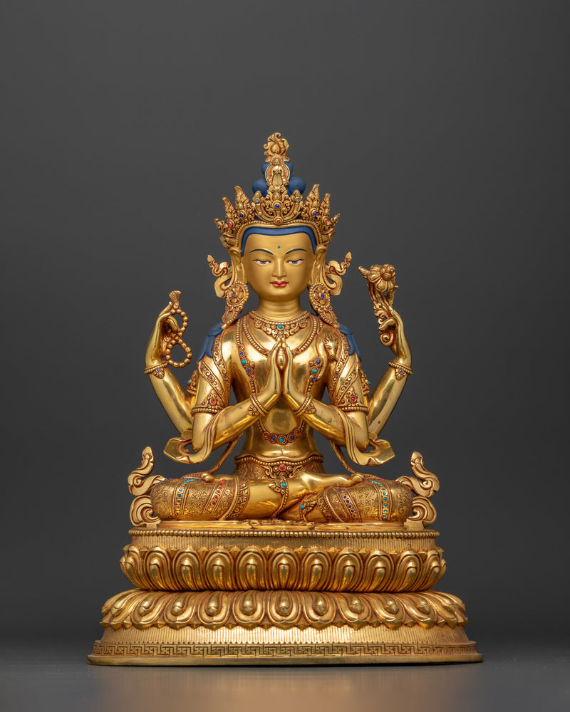 Avalokiteshvara Chenrezig Figurine | Gold-Gilded Compassion Deity | Tibetan Buddhist Art