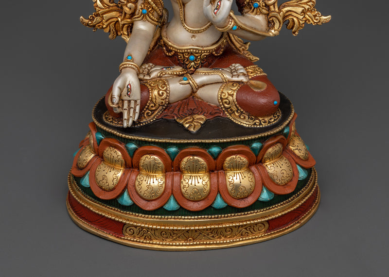 Beautiful White Tara Buddha Figurine | 24K Gold Gilded Buddhist Statue