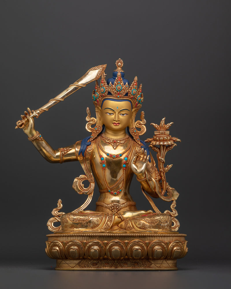 24K Gold Gilded Peaceful Manjushri Figure | Enlightened Wisdom Deity