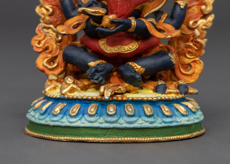 Four-Armed Mahakala with Consort Statue | 3.5 Inches Gold Electroplated Copper Figure