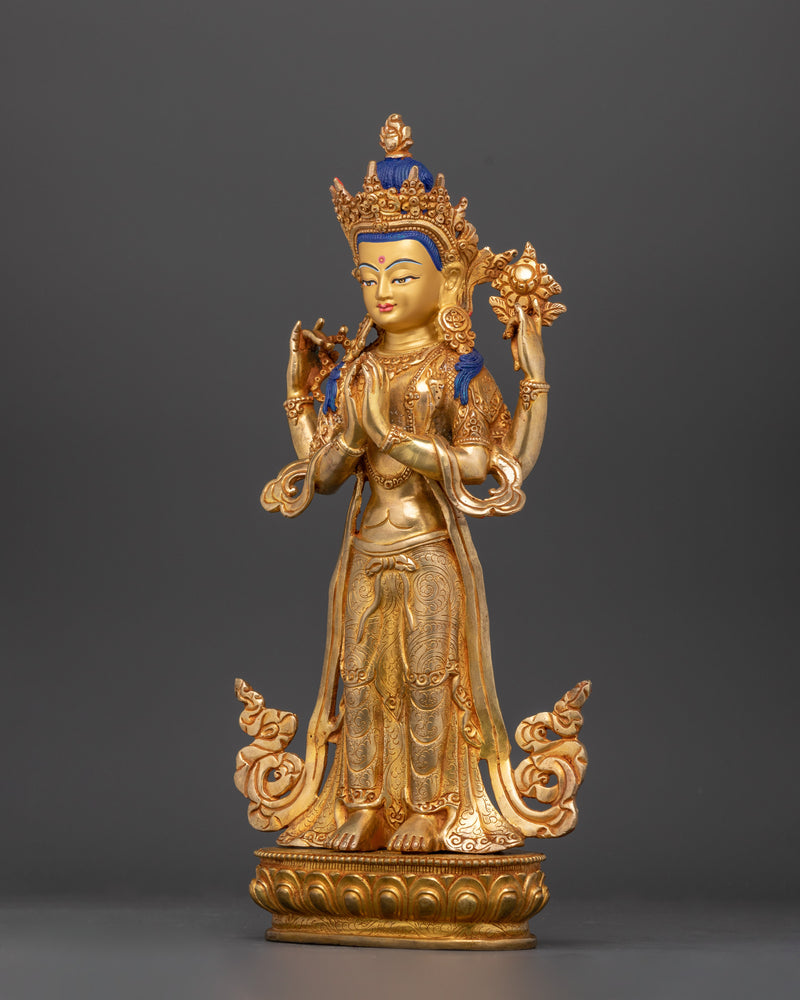 4 Arm Standing Chenrezig Statue | 24K Gold Gilded Bodhisattva of Compassion