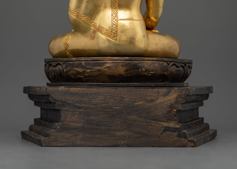 Tibetan Shakyamuni Buddha | 24K Gold Gilded Copper Statue with Wooden Base