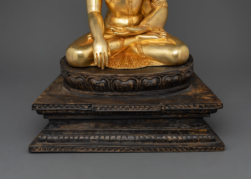 Tibetan Shakyamuni Buddha | 24K Gold Gilded Copper Statue with Wooden Base