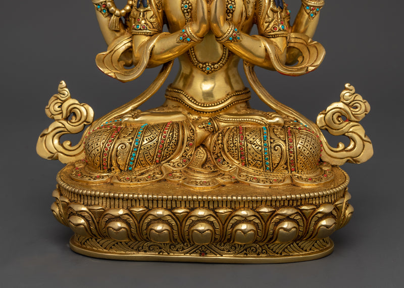 Tibetan Chenrezig Sculpture | 24K Gold Gilded Serene Art