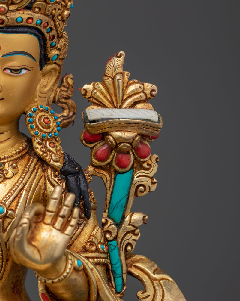 Meditational Deity Manjushri | 24K Gold Gilded with Hand Carved Gemstones