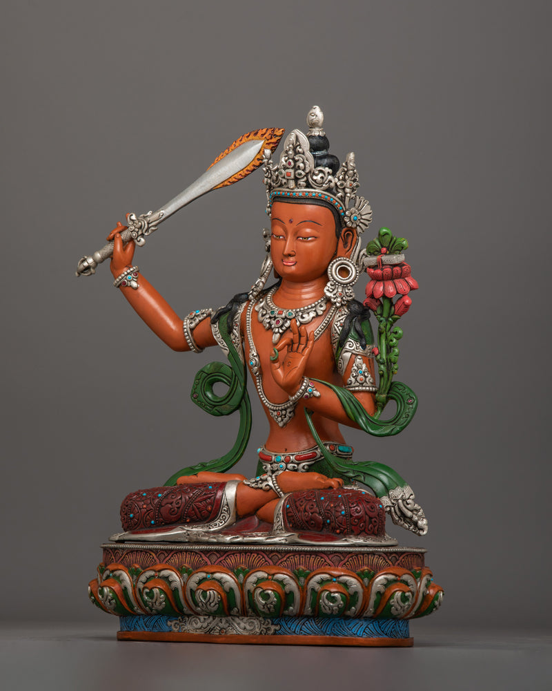 Hand-Carved Manjushri Prayer Tibetan Statue | Silver-Plated and Hand-Painted Sculpture