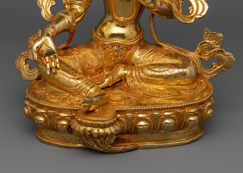 Tibetan Green Tara Buddha Statue | 24K Gold Gilded Artwork