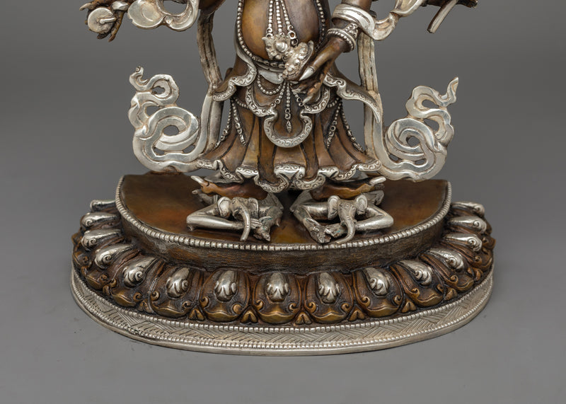 Hand-Carved Oxidized White Mahakala Statue | Silver-Plated Tibetan Sculpture