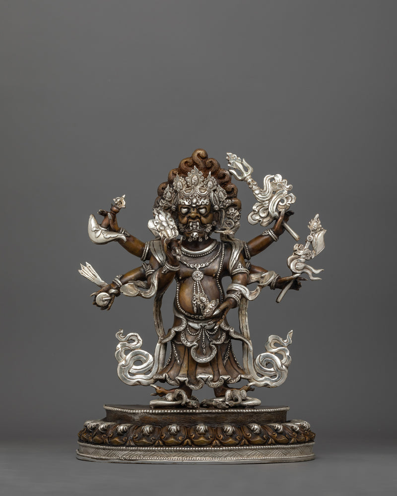 Hand-Carved Oxidized White Mahakala Statue | Silver-Plated Tibetan Sculpture